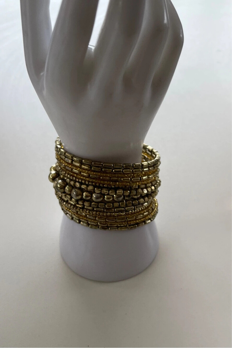 vintage wide bronze and gold Tone Chunky glass seed bead memory wire cuff bracel